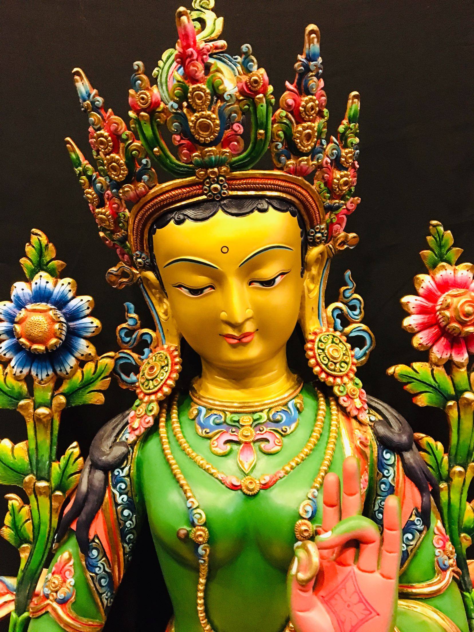 尼泊尔纯铜鎏金彩绘绿度佛像西藏密宗佛教家用摆件