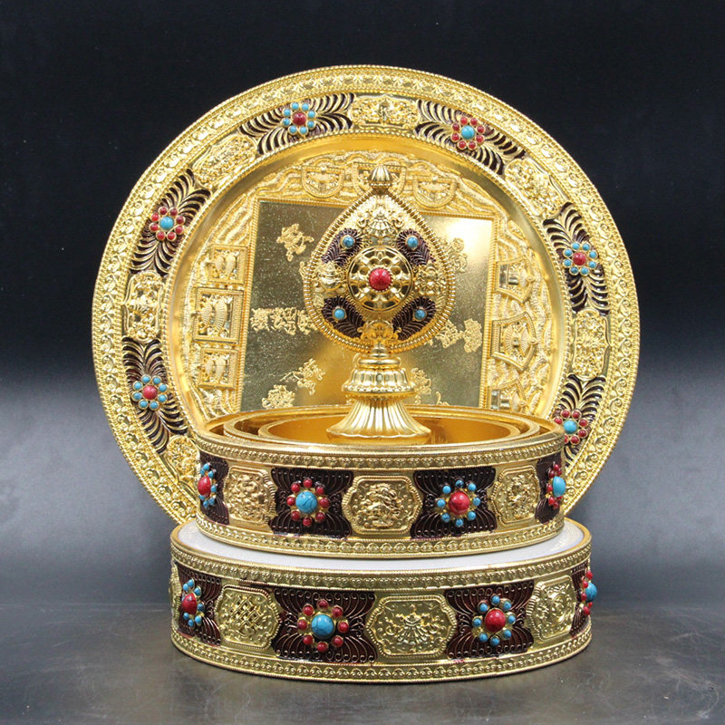 尼泊尔供曼扎摆件纯铜雕花紫铜镀金手工藏族纯铜曼扎盘2种型号