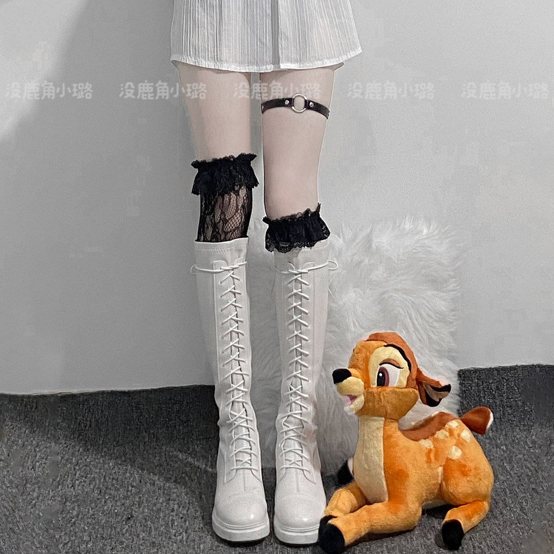 jk日系镂空黑白花卉甜美法式长靴渔网花边长筒袜