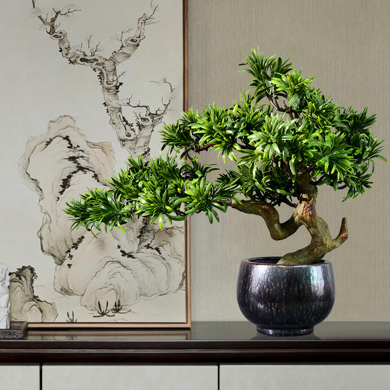 新中式禅意客厅摆件仿真迎客松绿植盆景植物样板房仿真植物盆景