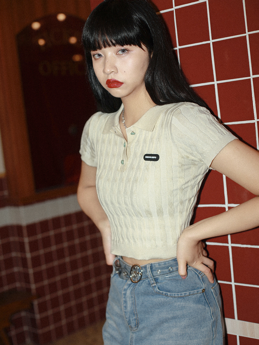 ziziFei美式复古针织POLO衫女短袖欧美风短款方领上衣夏紧身T恤