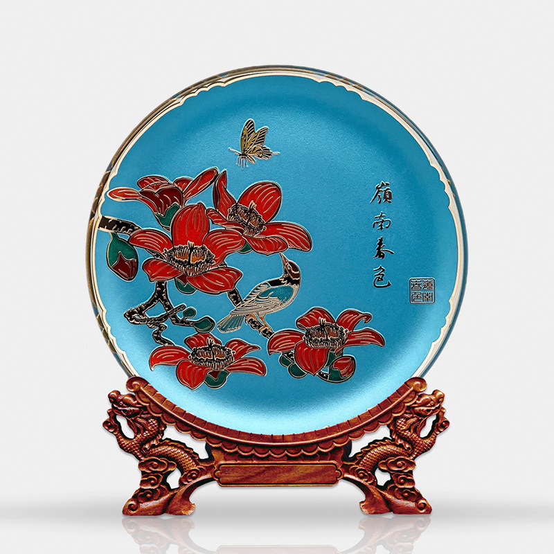 岭南春色双面晶雕彩绘家居装饰工艺品摆件朋友乔迁装饰坐盘