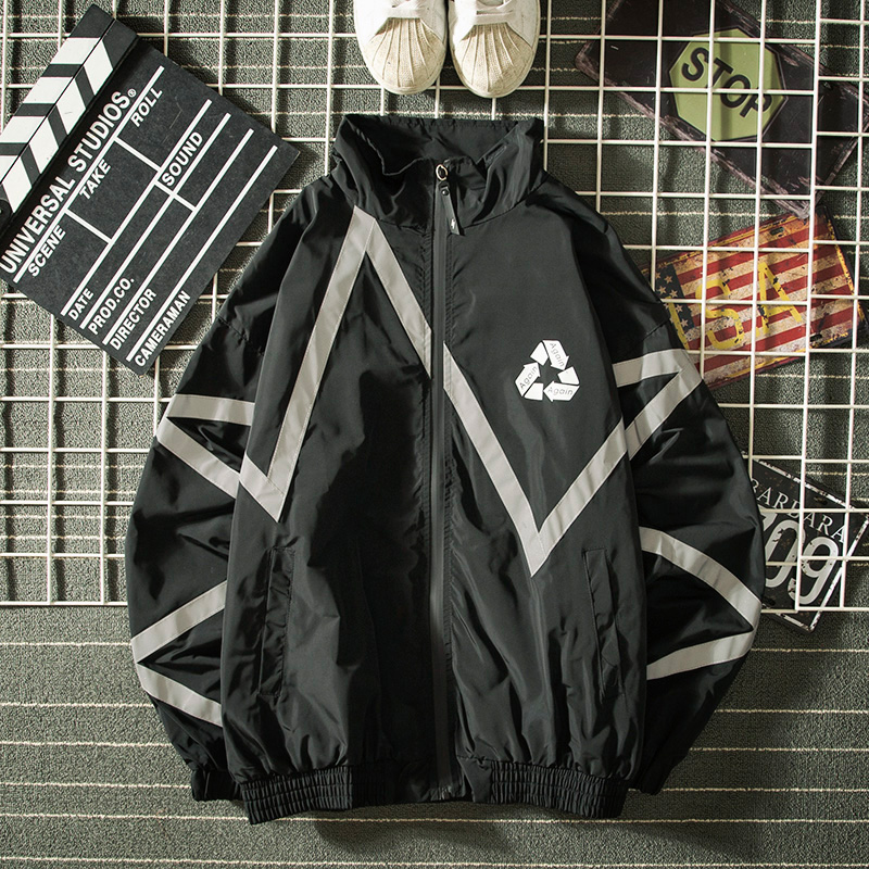 欧美街头秋工装外套男宽松嘻哈拼接反光条个性棒球衫ins潮牌夹克