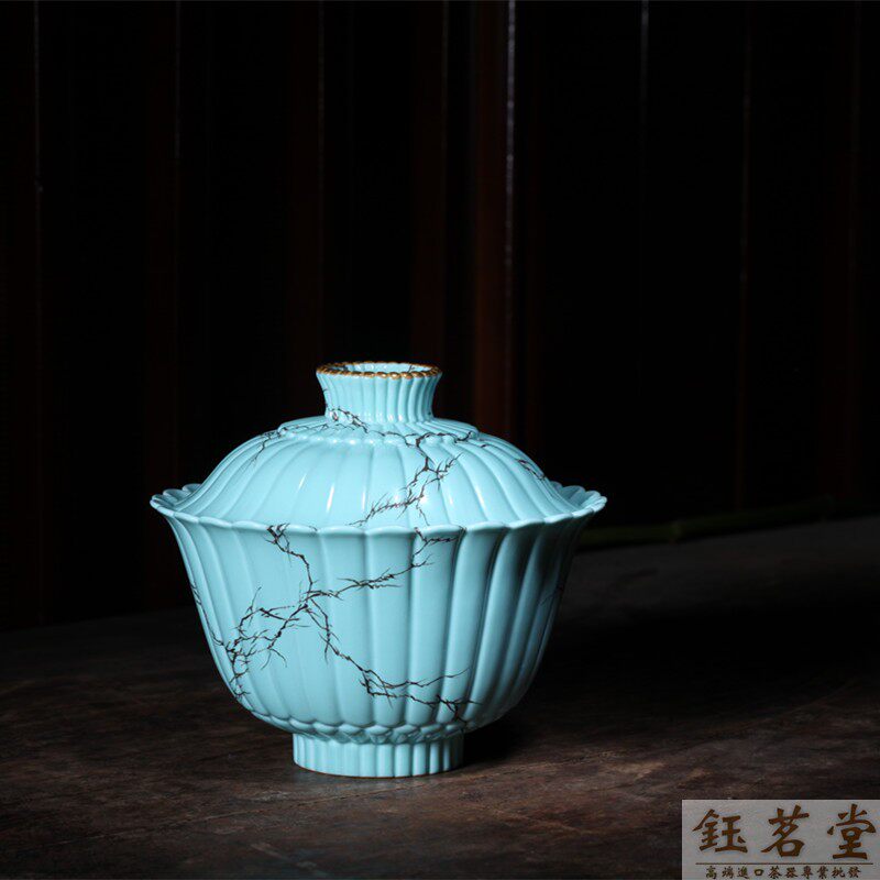 宝蕴阁景德镇茶具珐琅松石绿菊瓣无底盖碗盖碗