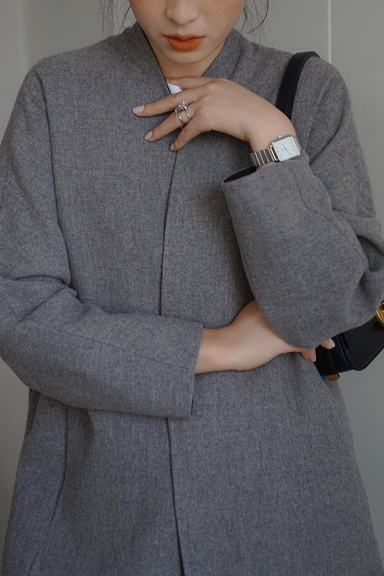 mazestudios100羊毛灰色无领廓形长款大衣外套毛呢外套