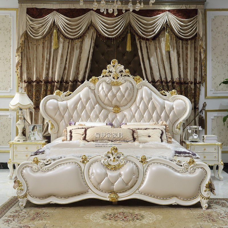 欧式真皮双人床高档卧室豪华太子实木雕刻头层实木床