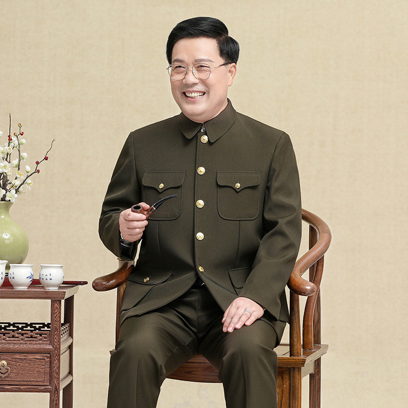 军绿中山装套装中老年中山老年人衣服春秋秋冬爷爷中山装