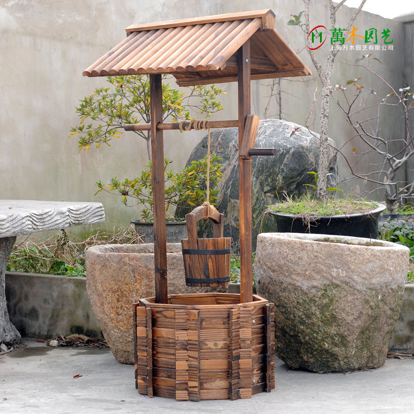 水井木制许愿井古井工艺品装饰防腐花盆花架创意个性其它园艺用品