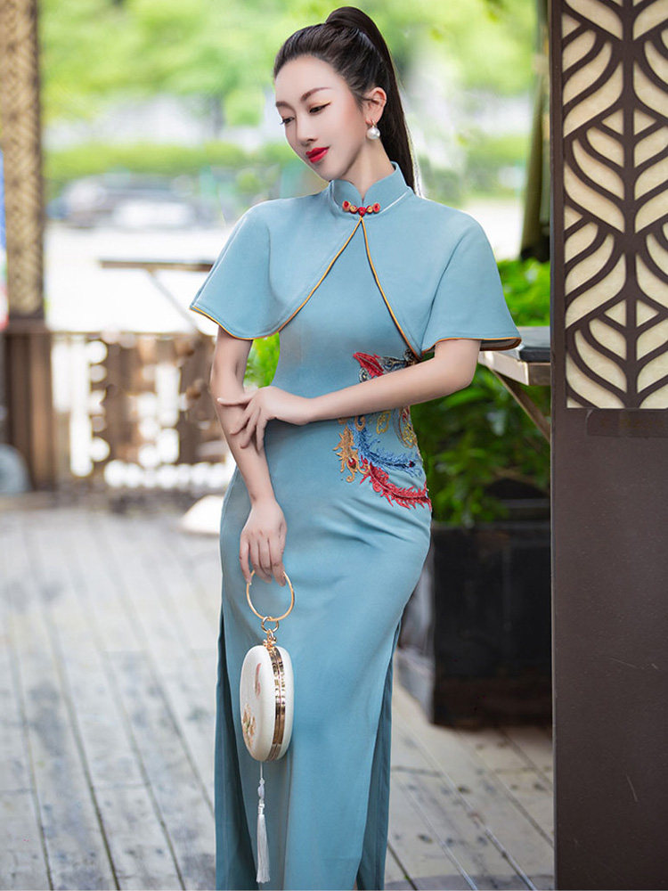 舞姿翼气质优雅绣花形体礼仪旗袍2022新款模特现代舞服装