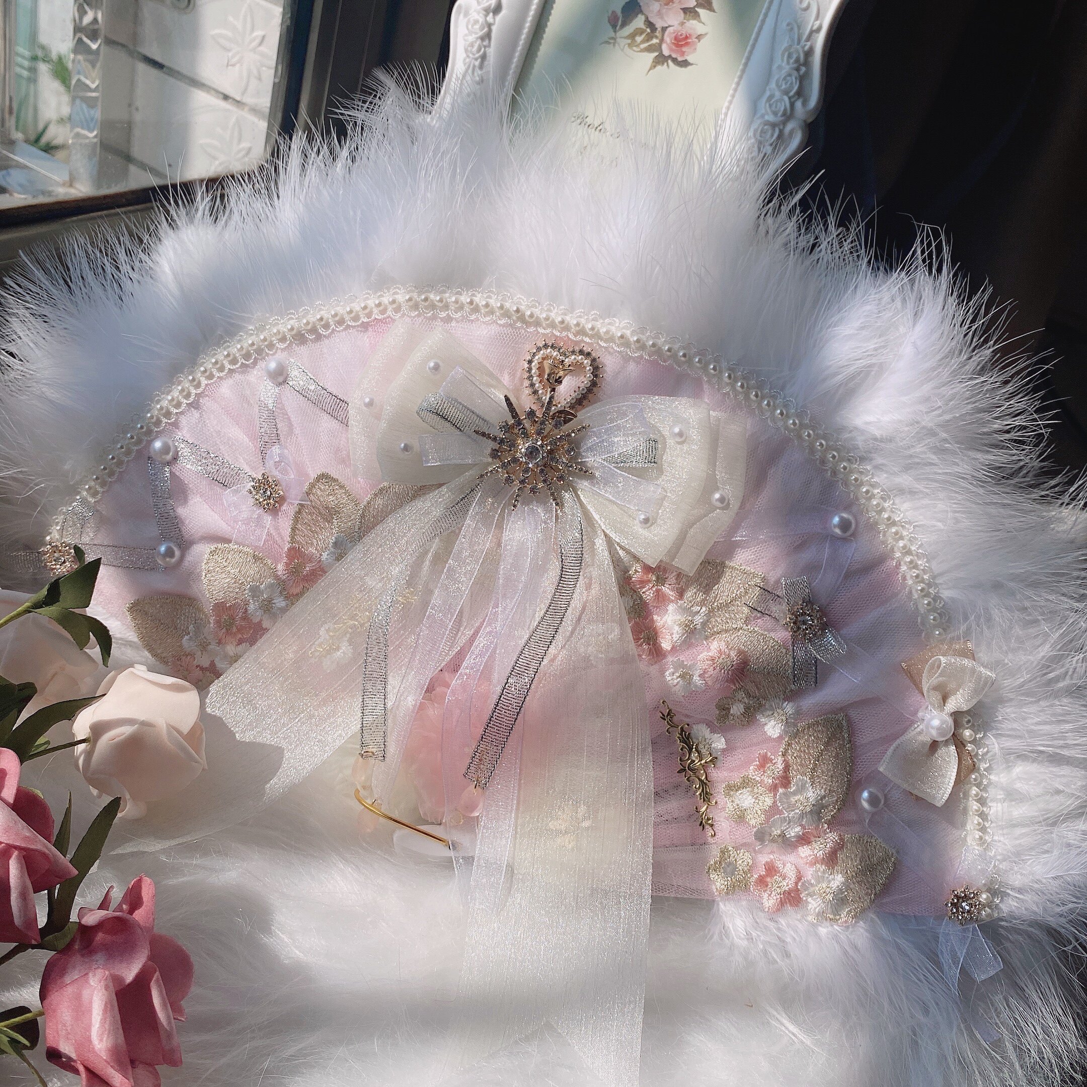 少女心手粉色lolita羽毛扇子子樱霜雪星辰捕梦网工艺扇
