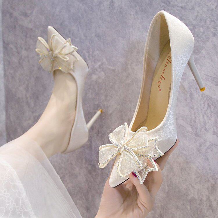 婚鞋女2022新款新娘婚纱亮片礼服高跟鞋细跟伴娘单鞋