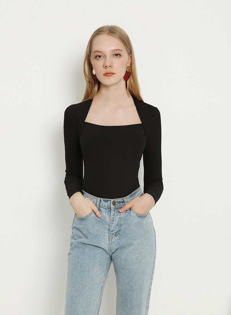 复古赫本优雅挂脖大方领长袖修身针织打底衫t恤女挂脖小心机上衣