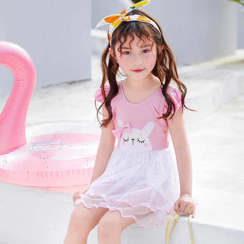 儿童泳装女孩可爱小兔子连体宝宝中大公主蕾丝儿童泳衣