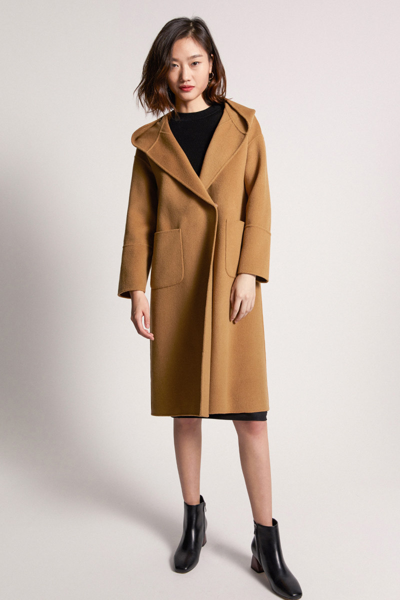 全羊羊毛休闲连帽百搭毛呢外套中长大衣毛呢外套