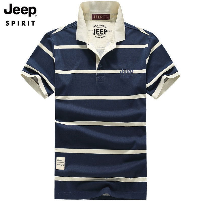 jeep吉普短袖t恤男士翻领色织条纹体恤衫宽松大码冰爽休闲上衣t恤