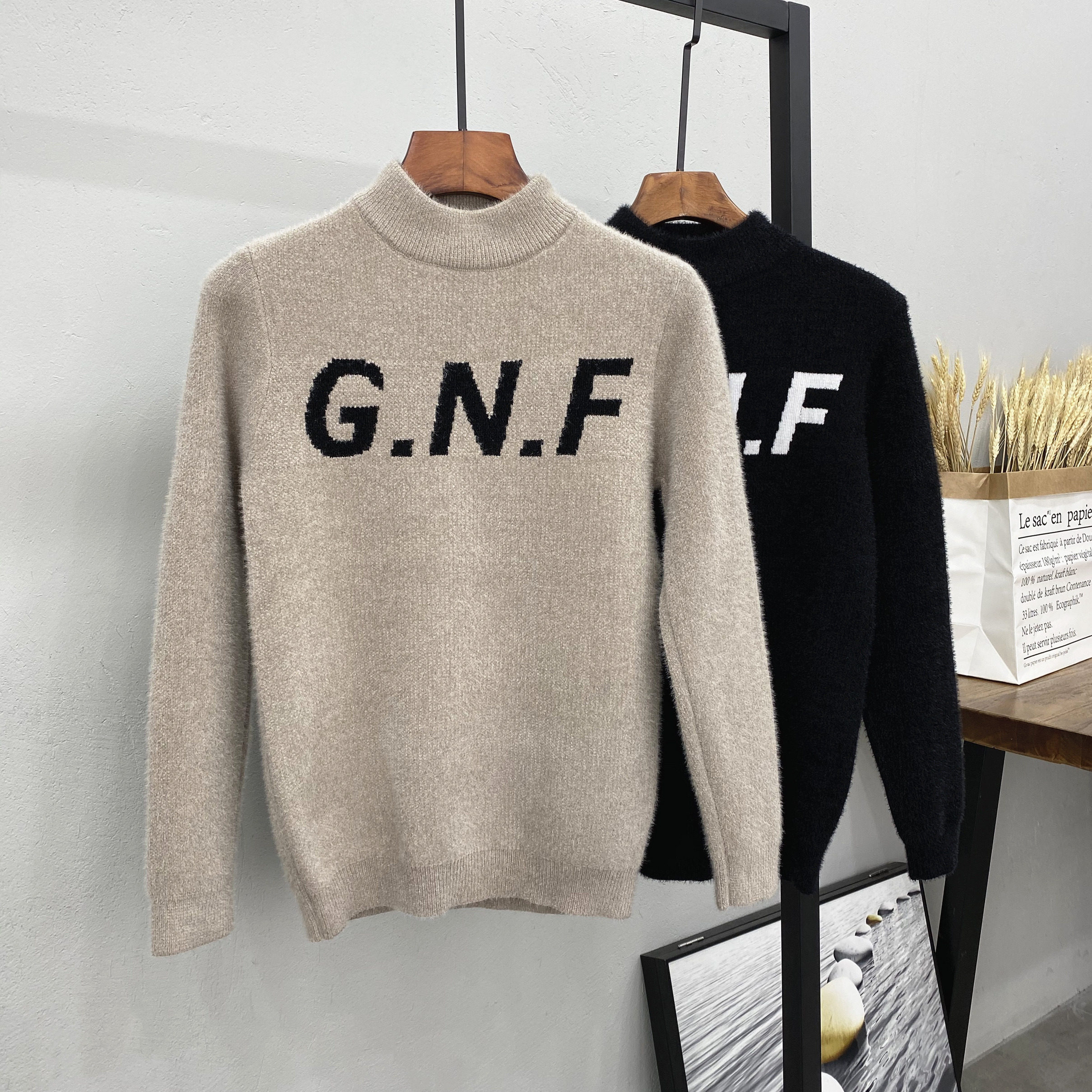 加厚保暖马海毛字母毛衣潮男新韩修身显瘦圆领针织衫