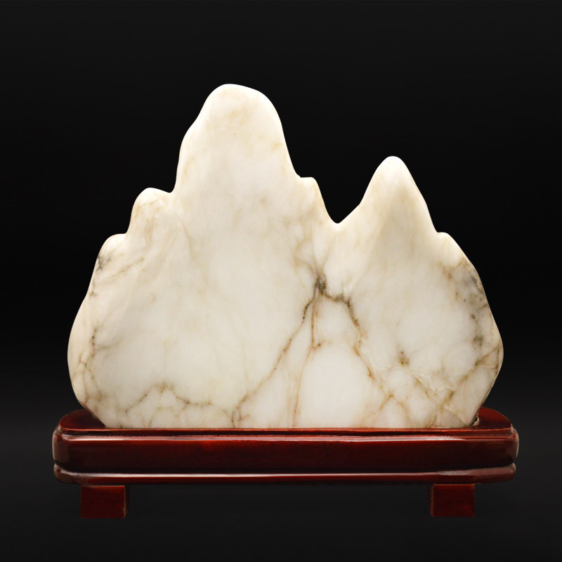 天然雪花玉山形石摆件朱砂书写纹理玉石摆设摆件