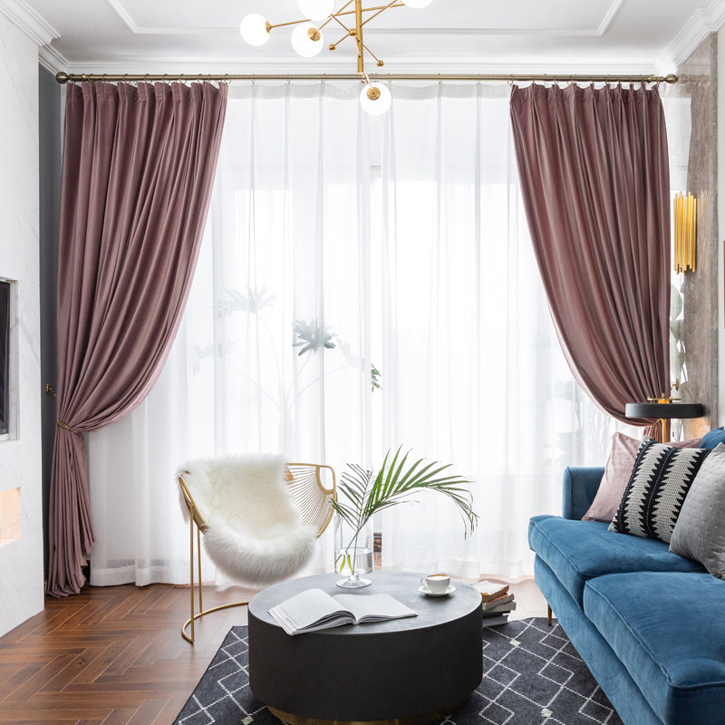 窗帘简欧美式法式淡紫色丁香丝绒天鹅天鹅绒绒布定制窗帘