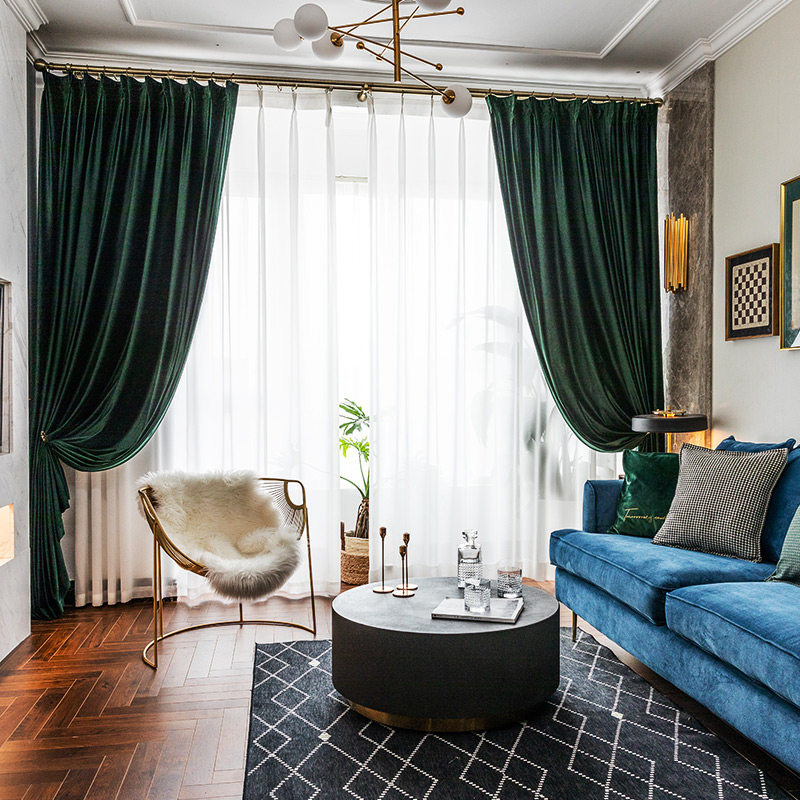 窗帘现代北欧风格墨绿色丝绒轻奢美式纯色绒布定制窗帘