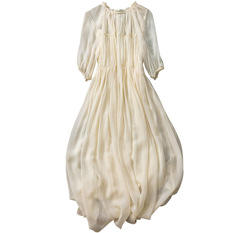 怎能仙的如此过份巴黎优雅长裙褶皱五分真丝连衣裙