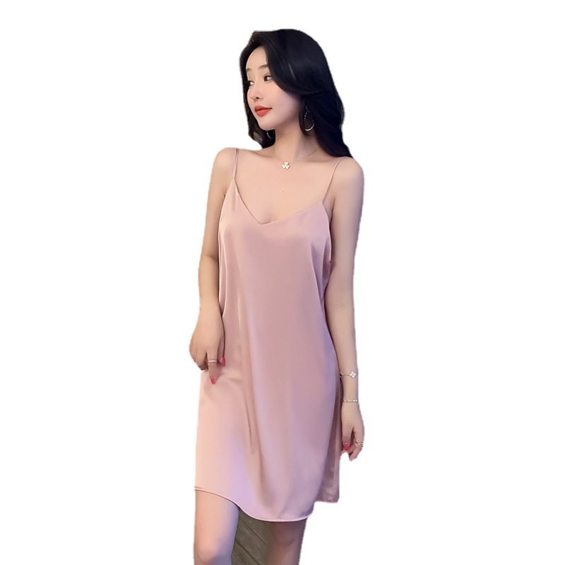 夏季冰丝吊带睡裙女纯色高级感冰凉丝滑透气大码宽松显身材家居服