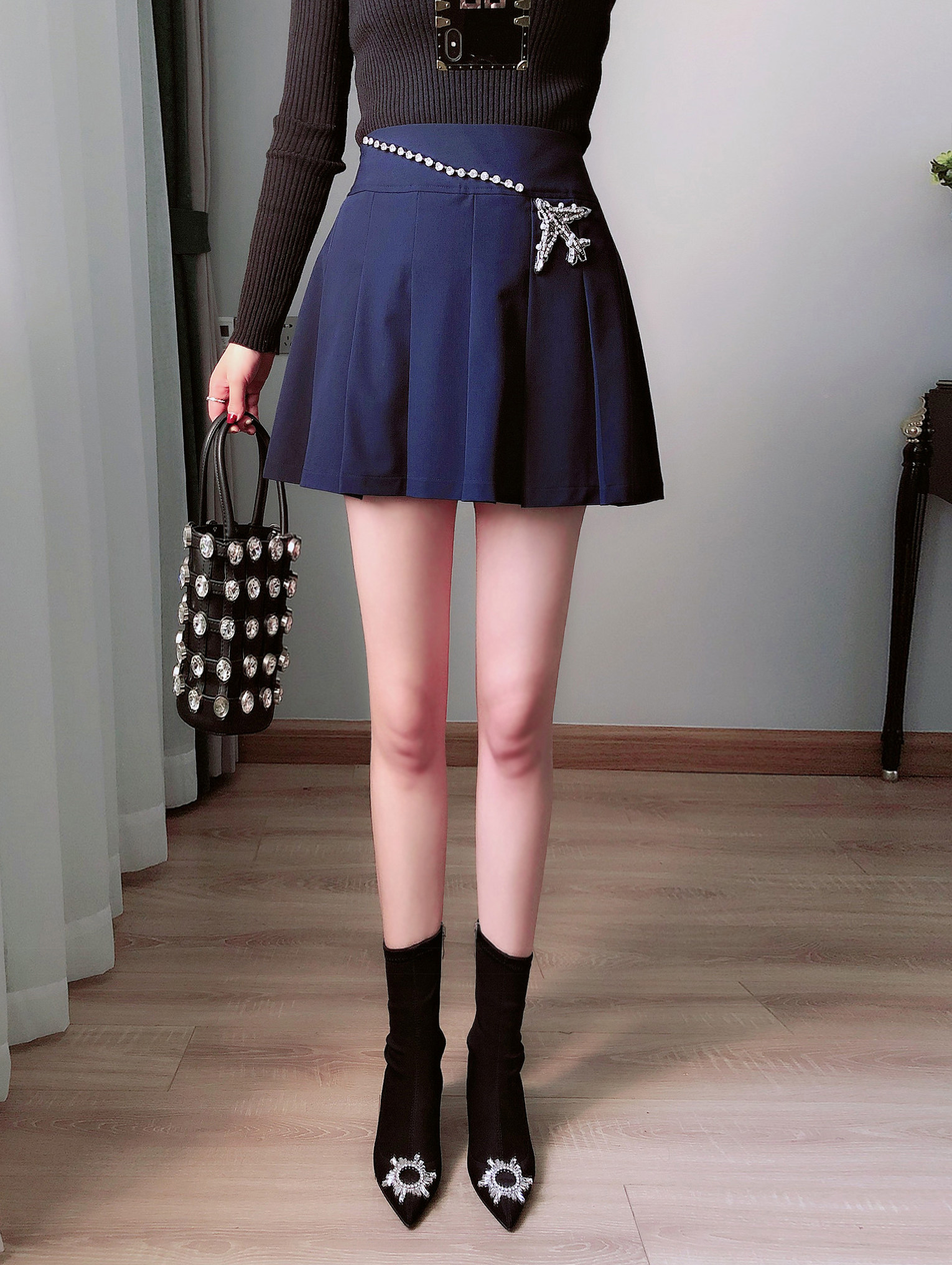 2021春季新款高腰手工钉珠飞机百褶半身短裙半身裙