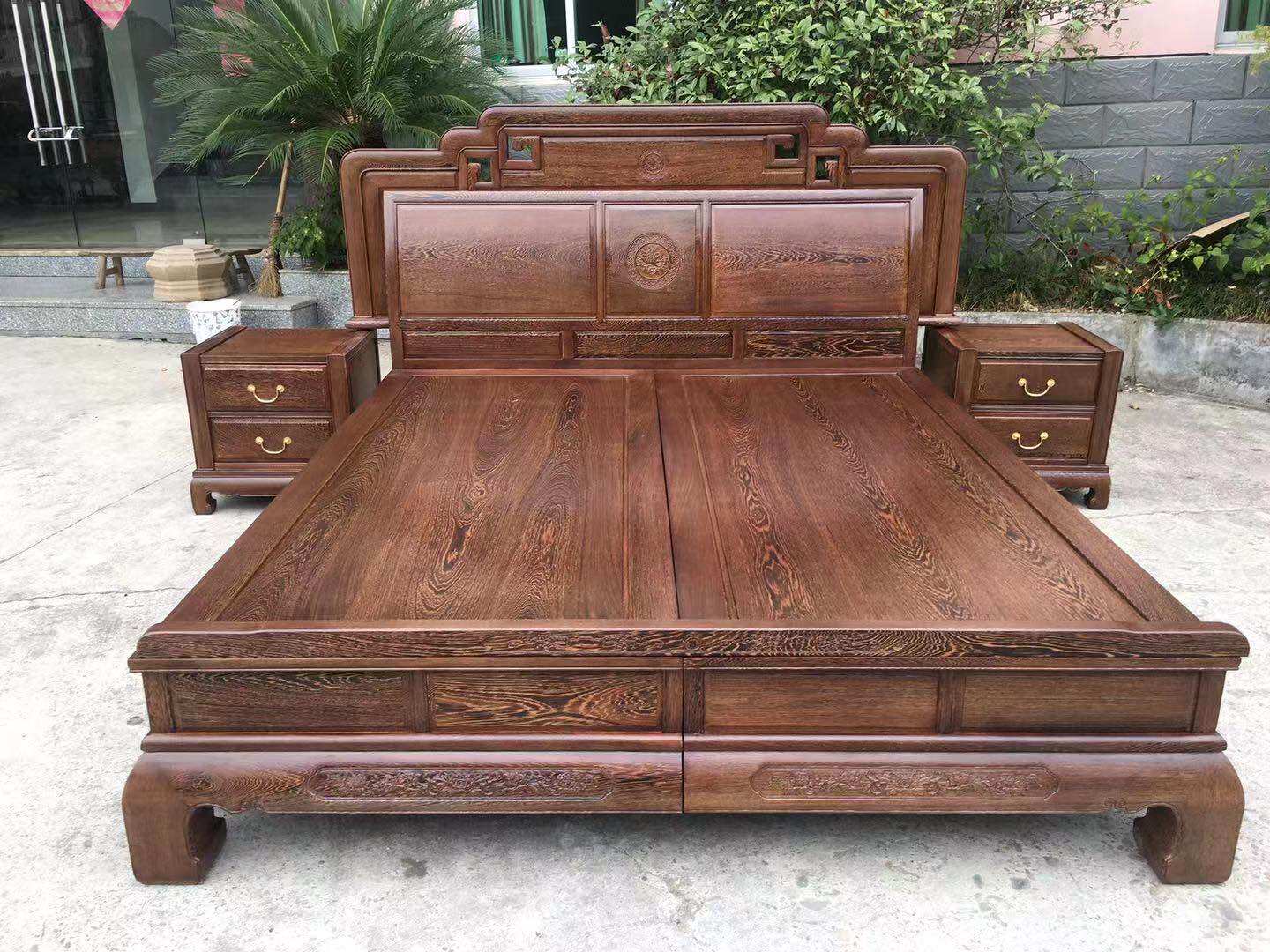 红木床 实木鸡翅木床双人1.8米大床雕花明清防古卧室床原木拼接床