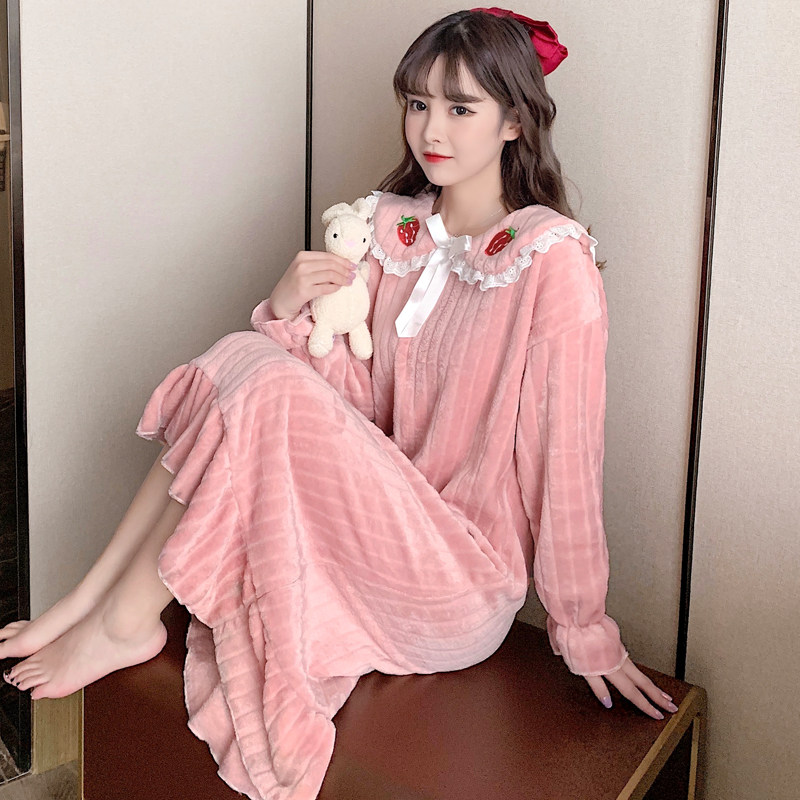 公主睡裙秋冬季珊瑚瑚绒加厚法兰绒中长睡衣裙子睡裙