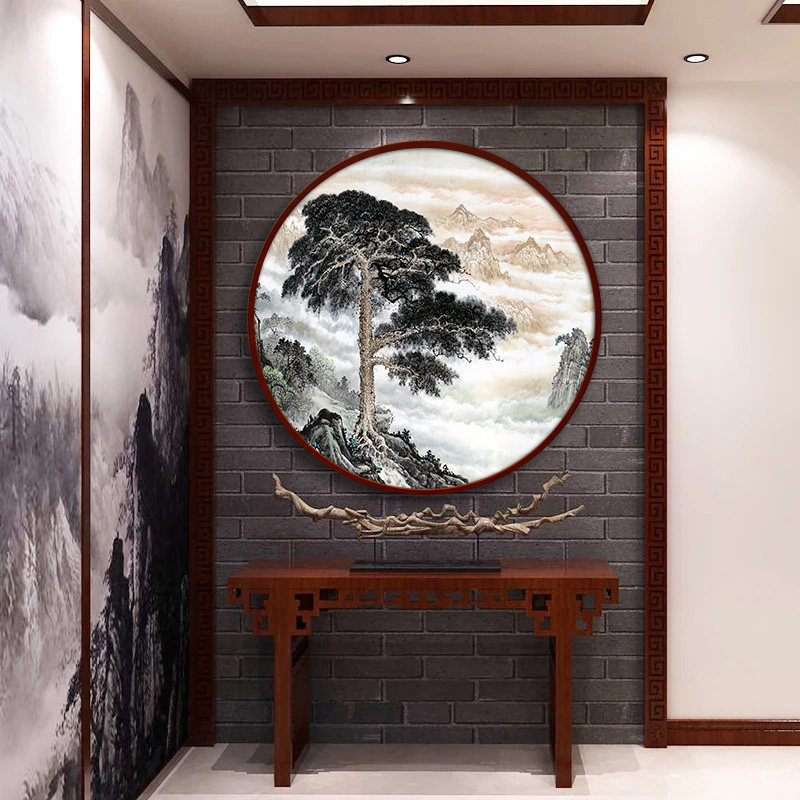 迎客松玄关中式新中式壁画进门圆形风水招财挂画现代装饰画