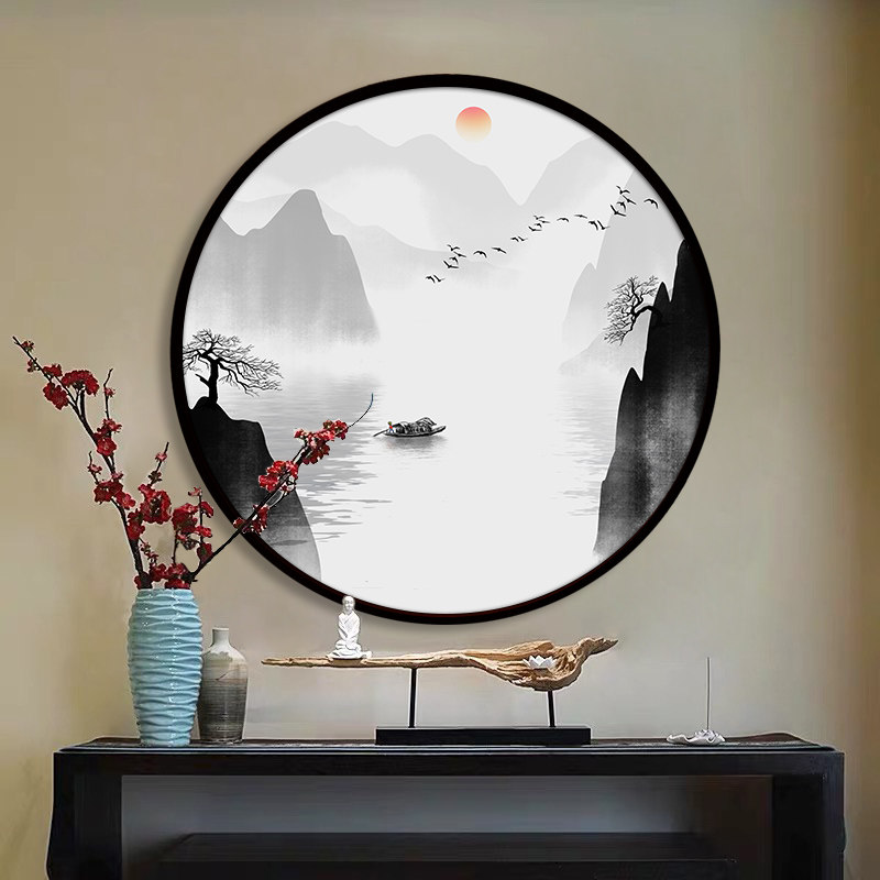 新中式禅意山水背景墙玄关走廊客厅圆形壁画茶室现代装饰画