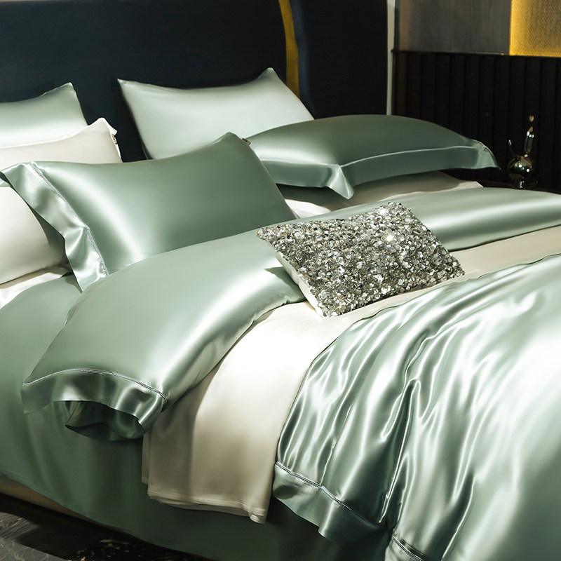 重磅桑蚕蚕丝纯色丝绸高端床上用品套件双面100床品套件