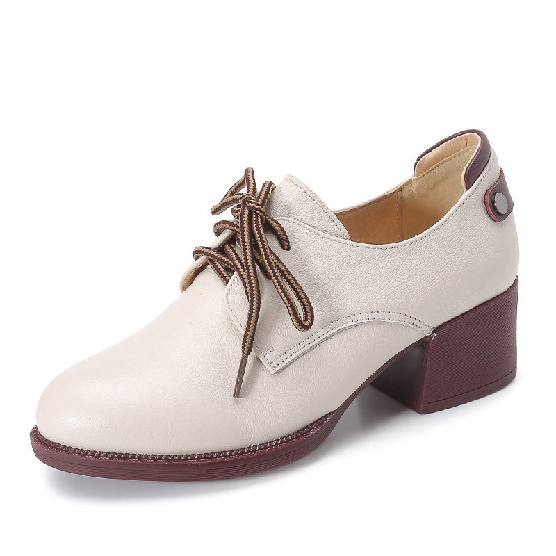 达令宝贝女鞋2020春季新款真皮粗中跟英伦风小皮鞋圆头系带单鞋女