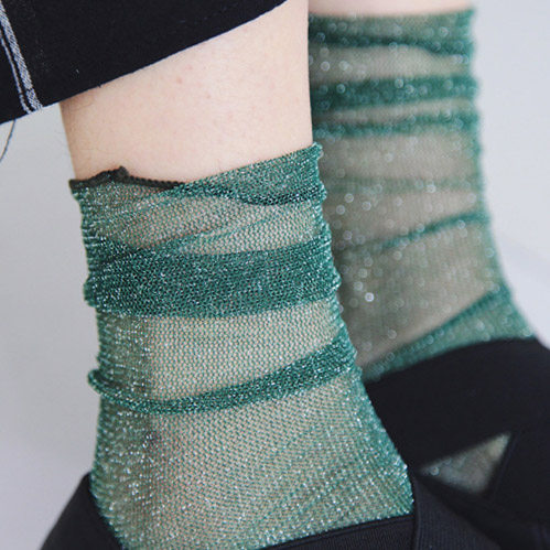 网纱袜子女韩版复古银丝透气堆堆袜夏季薄纱网袜日系珠光闪闪丝袜