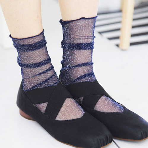 网纱袜子女韩版复古银丝透气堆堆袜夏季薄纱网袜日系珠光闪闪丝袜