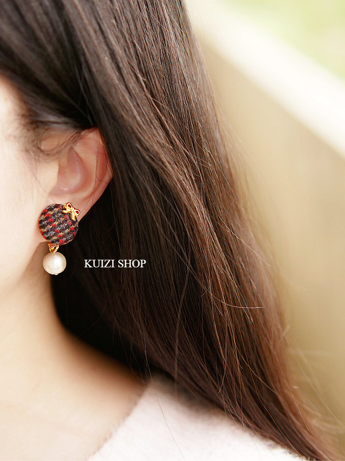 手作日式vintage风格温暖千鸟格棉花珍珠纯银耳钉耳环