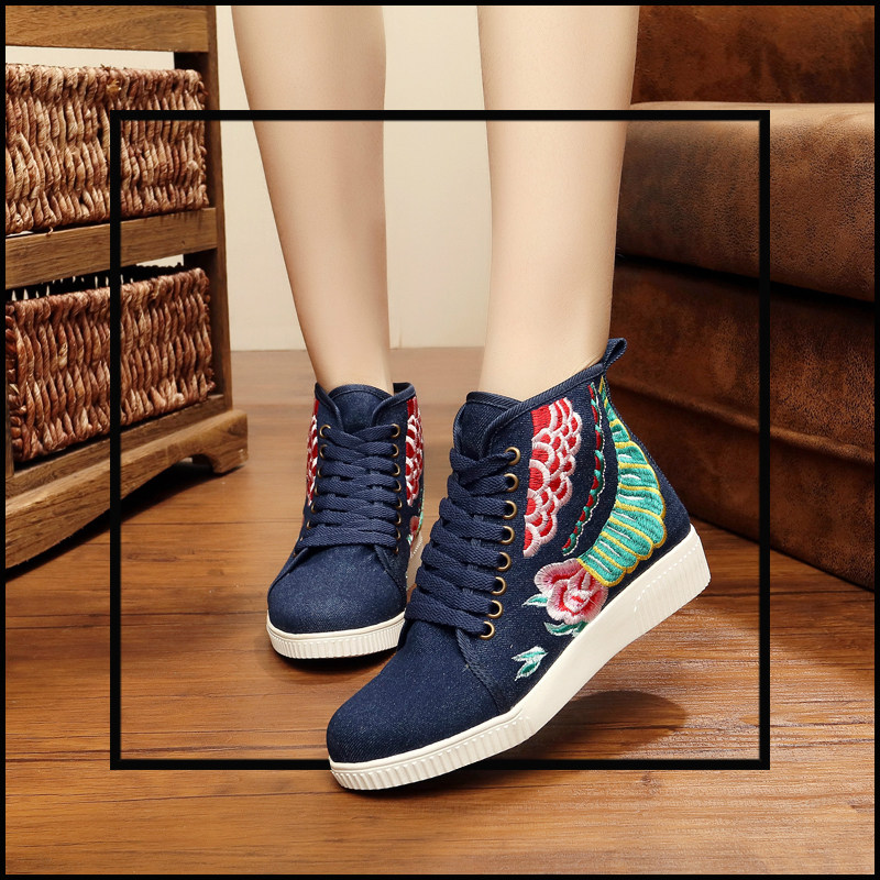 谭谭新款波点在望古典海浪图纹休闲高帮绑带布鞋