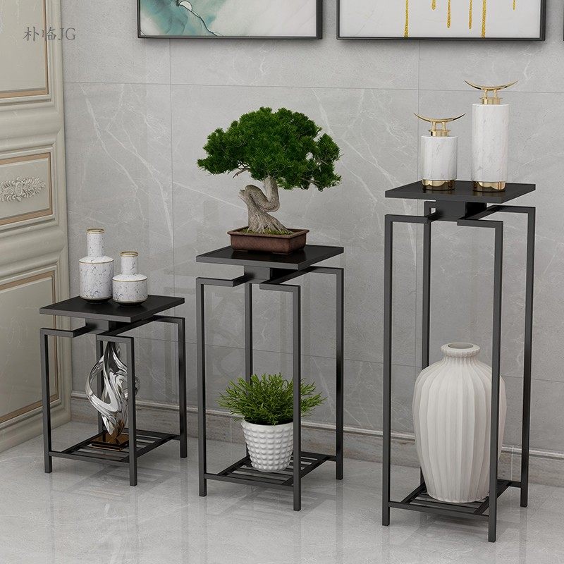 新中式花架花几现代客厅落地装饰组合花架简约铁艺置物架禅意花几