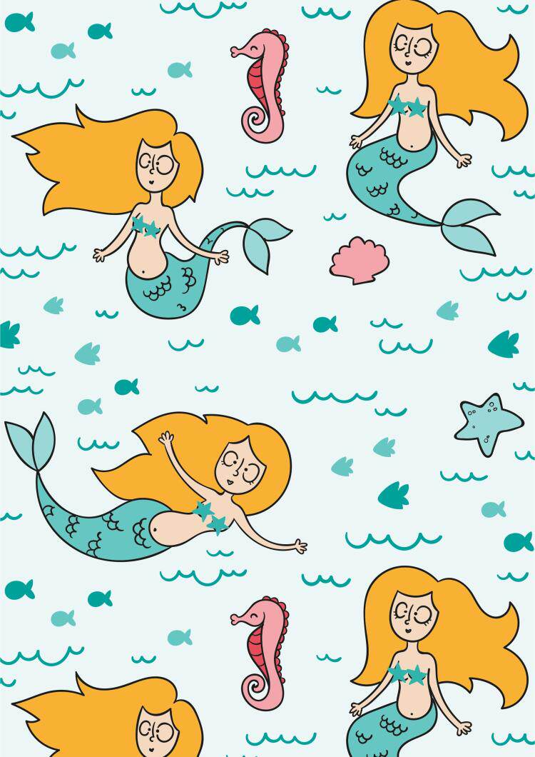 562美人鱼印花图案素材卡通t恤图案清新可爱印花ai cdr矢量素材