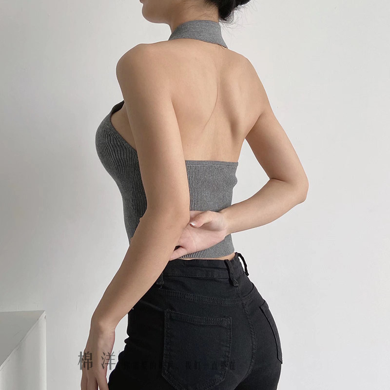 针织背心棉洋复古polo女性性感辣妹挂脖露背背心吊带