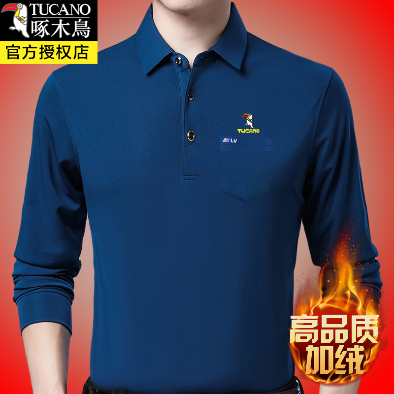 啄木鸟中老年男士长袖加绒加厚翻领T恤真口袋款爸爸装上衣polo衫