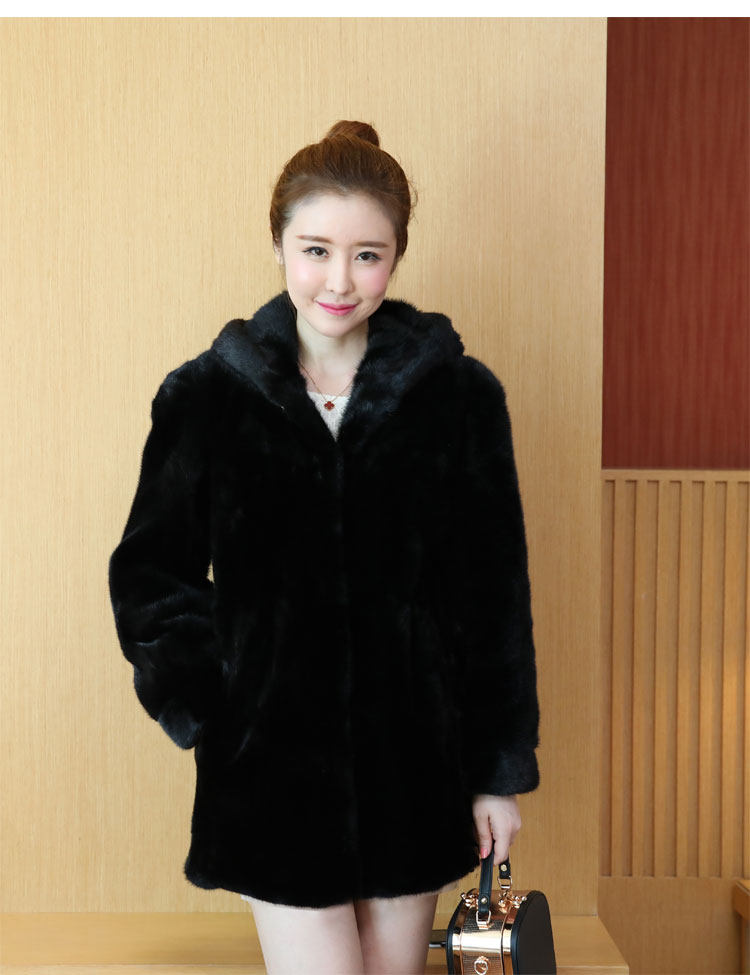 貂皮大衣女整中长美国进口整貂黑色连帽长袖皮草