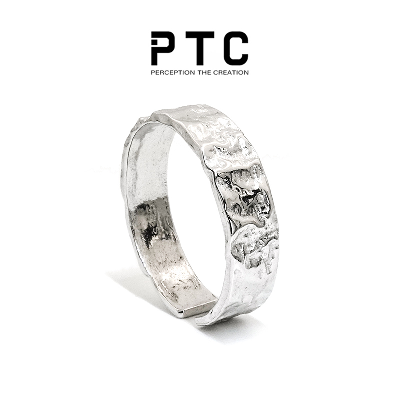 PTC S925纯银简约小众设计冷淡风不规则肌理开口戒指男女情侣对戒