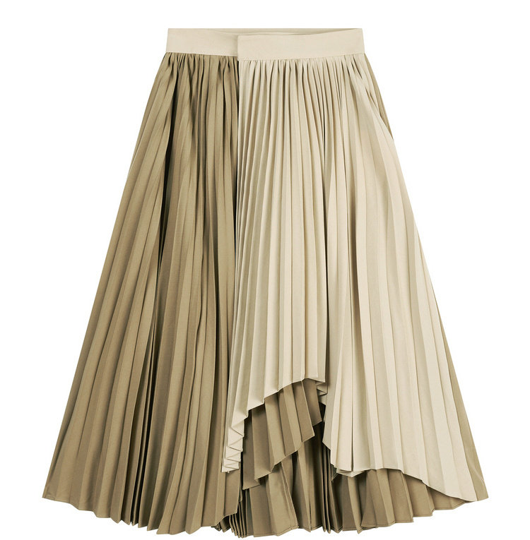 one春秋女装卡其拼色百褶裙设计感撞色压褶半身半身裙