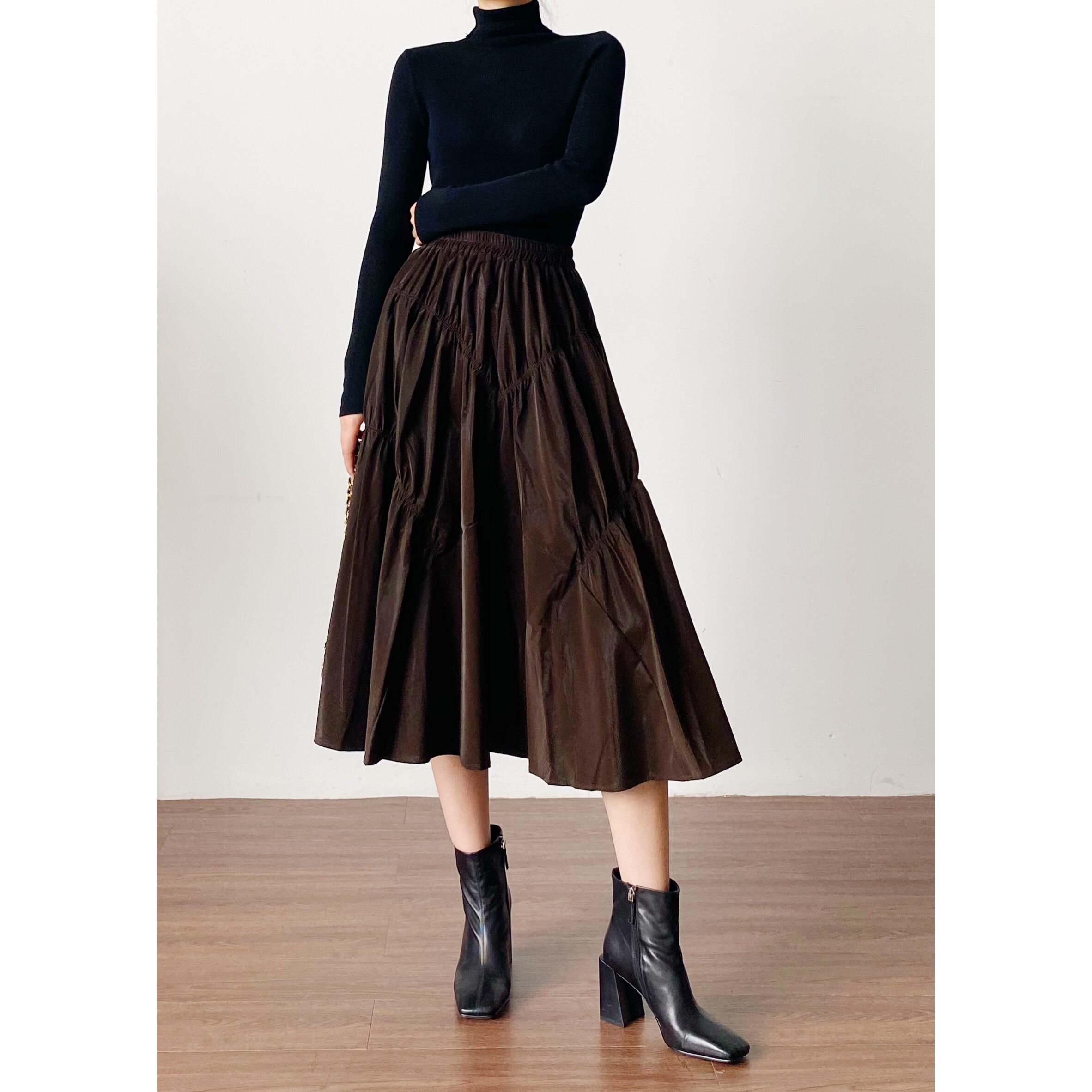 rugosa黑色松紧半身聚酯纤维包臀裙宽松大摆裙子半身裙