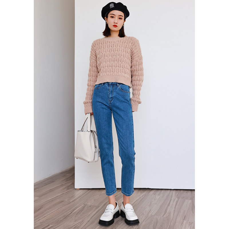 rugosam丹宁烟管牛仔裤女高高腰百搭显瘦九分小直筒牛仔裤