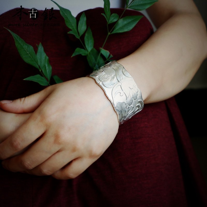 本古银手镯 999纯银男士手镯宽面女款莲花心经手镯复古雪花银镯子