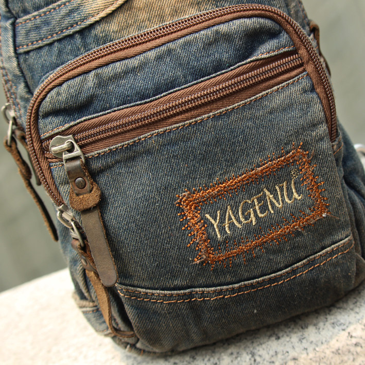 牛仔包邮韩版牛仔布口袋多口水洗斜跨单肩胸包男士包袋