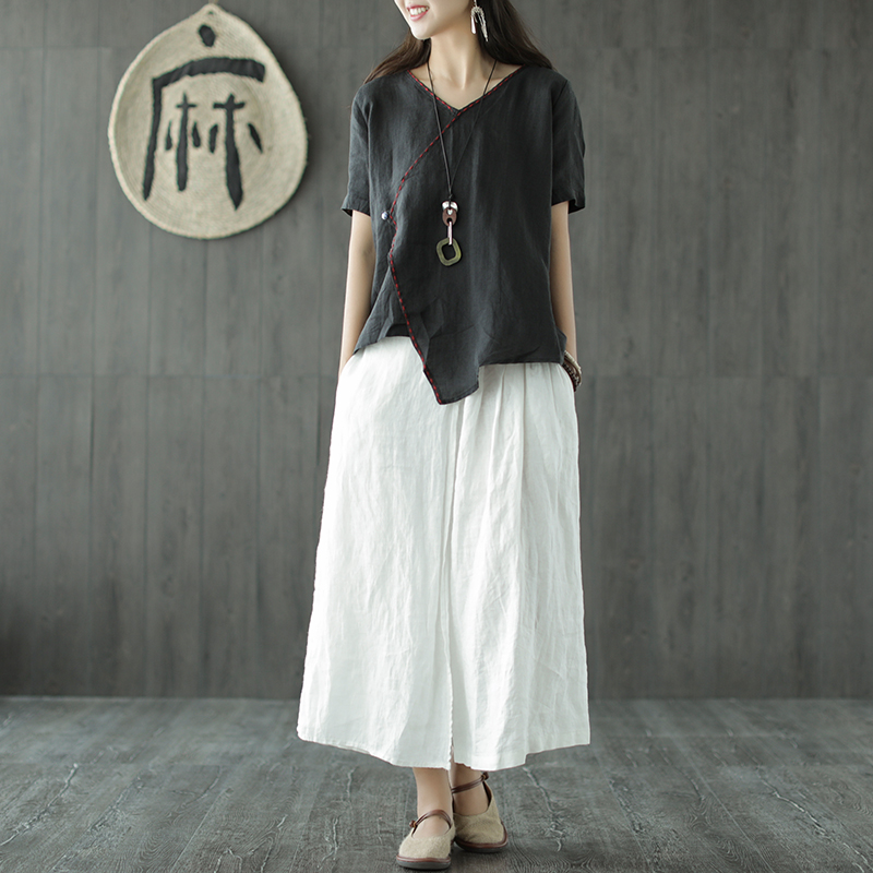 小耳出品 2018夏季新款女装苎麻上衣茶服女 不规则宽松v领短袖t恤