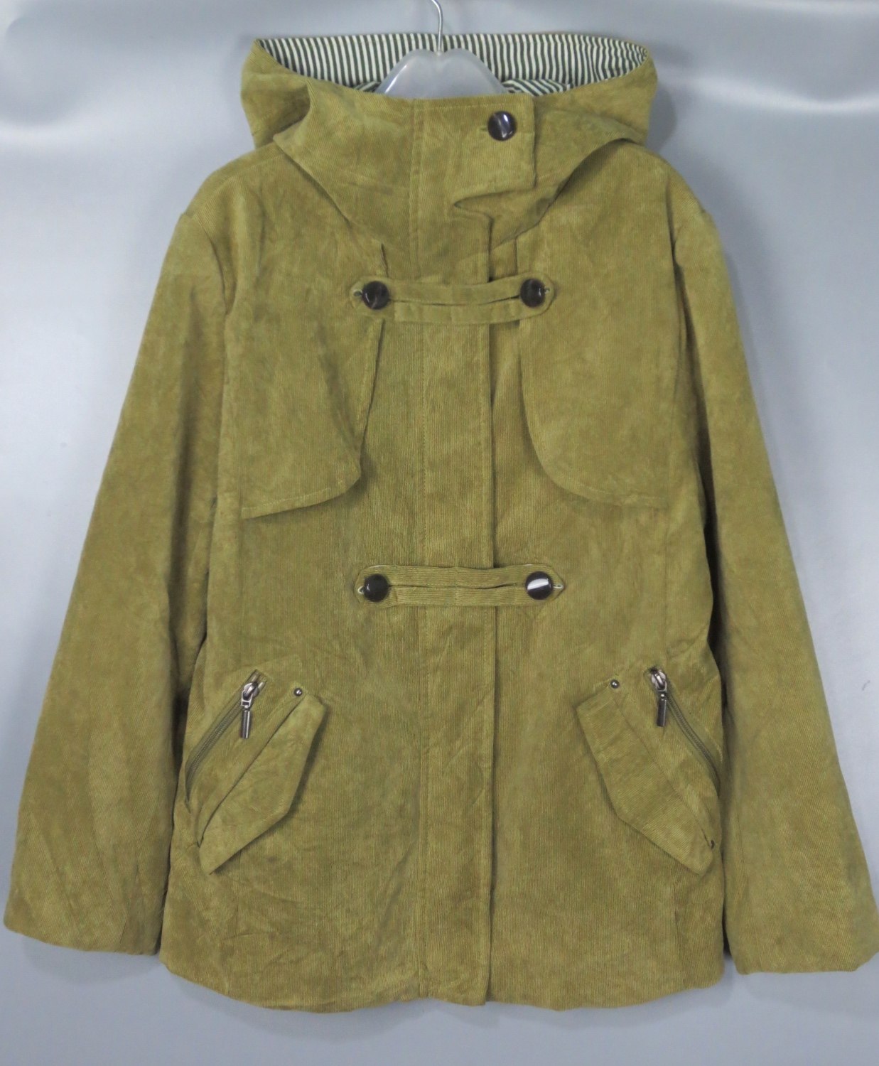 vintage古着正品90年代女款黄绿色纯色灯芯绒连帽夹克短外套