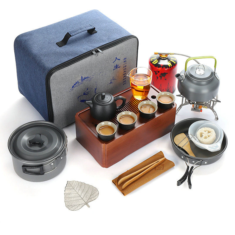 野外锅具茶具煮茶套装煤气炉烧水壶套锅户外便携式功夫茶具